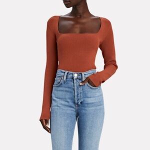 Intermix Kai Long Sleeve Rib Knit Top Square Neck Sweater | Rust | M